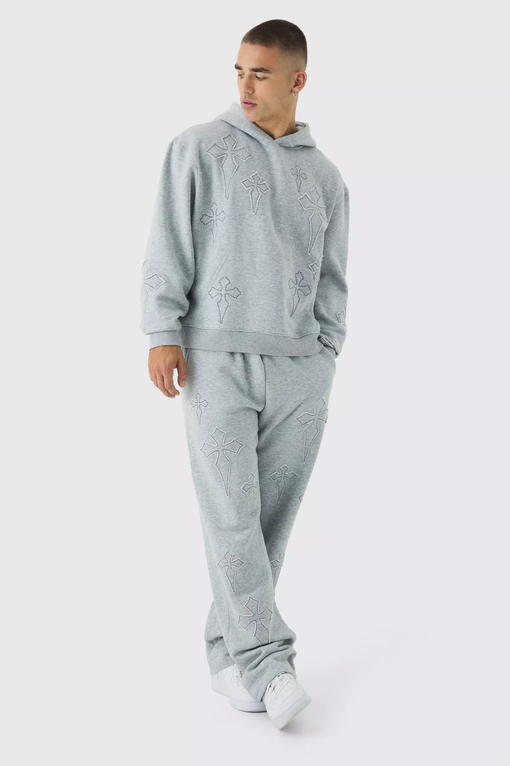 Oversized Boxy Cross Applique Hoodie And Relaxed Sweatpants Tracksuit boohooMAN USA
